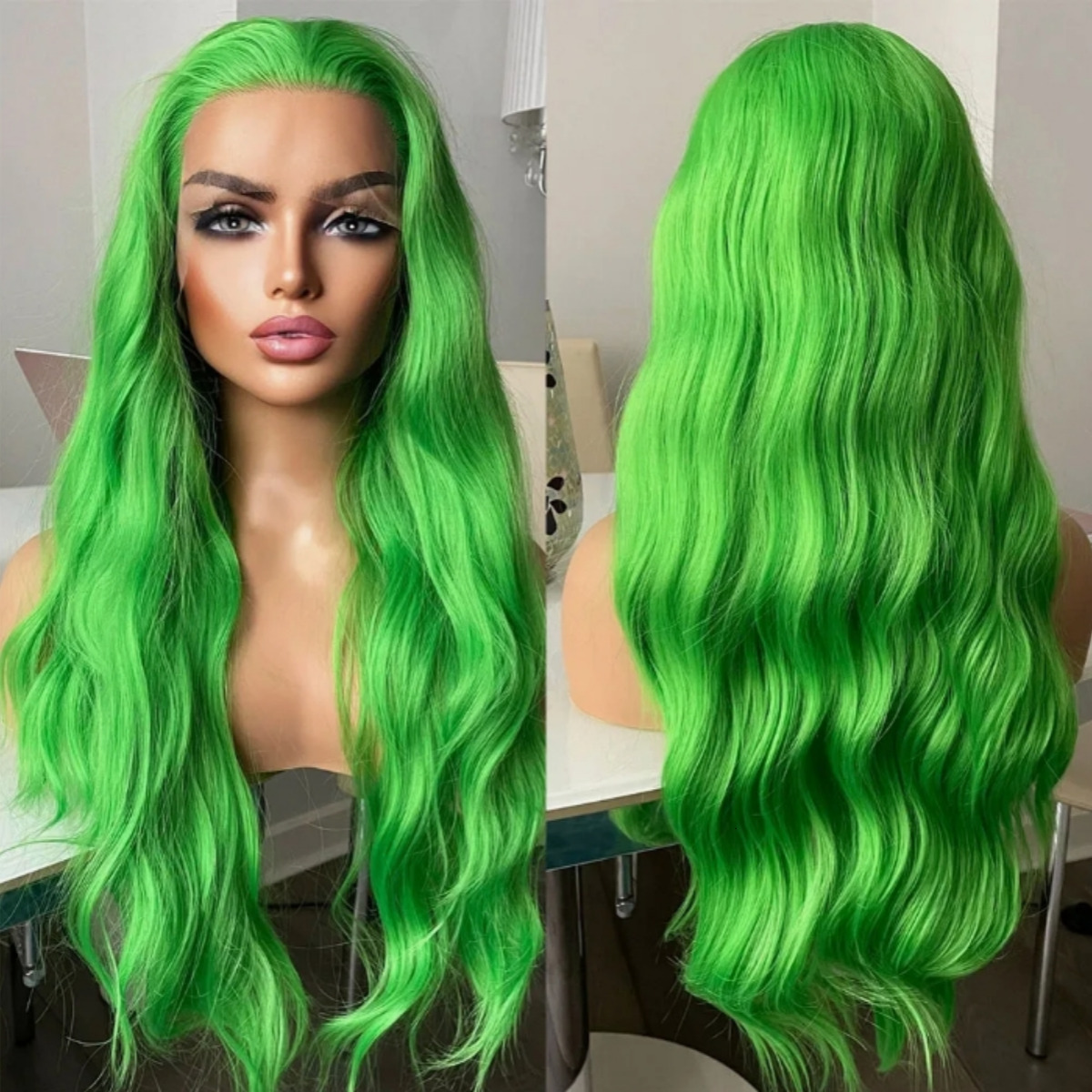 RDY Lime Green Natural Body Wave Synthetic Front Wig Glueless Long Wavy Colored Hair Lace Frontal Wigs for Women Daily