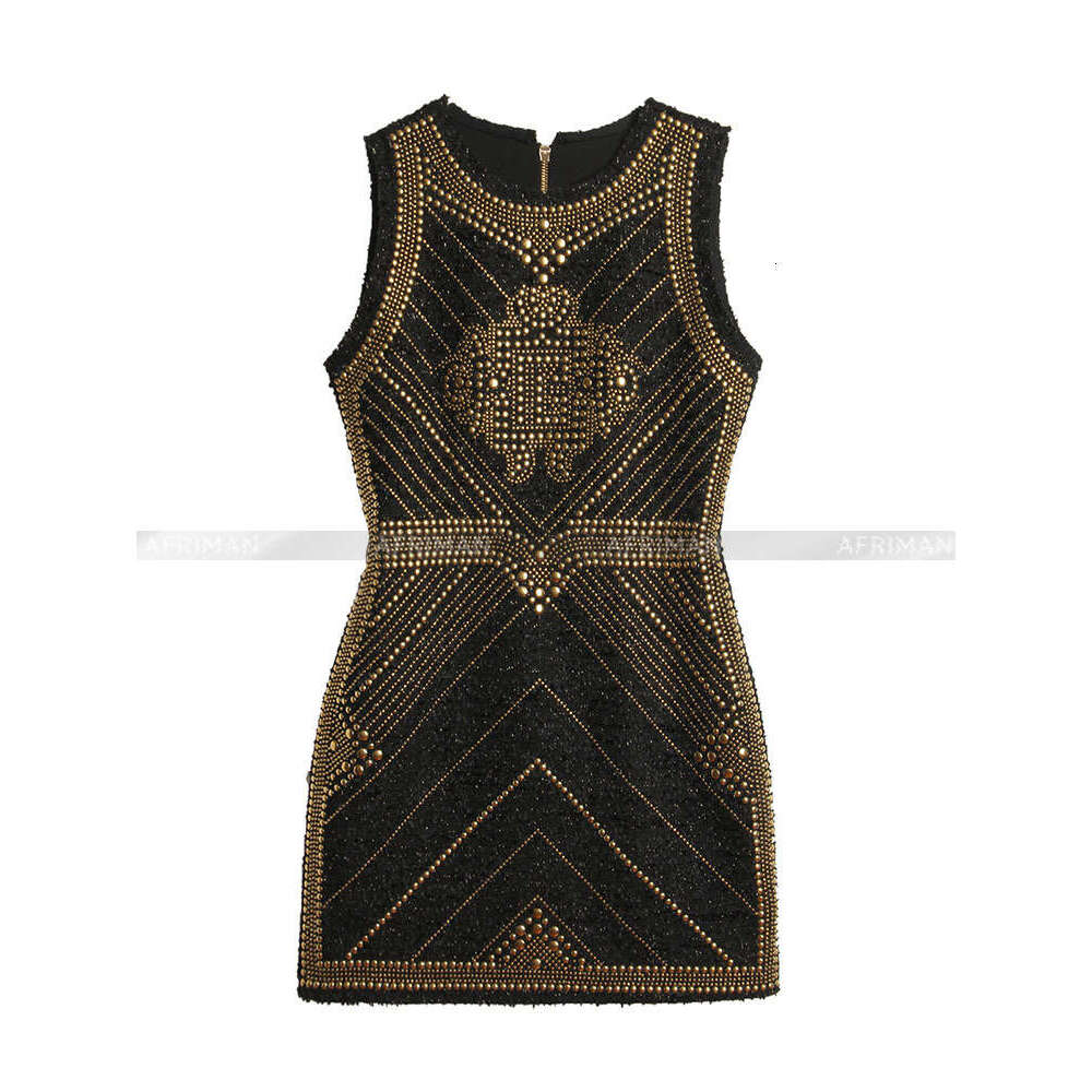 Women New Positioning Rivet Beaded Sleeveless Waist Wrap Hip Gold Thread Tweed Bodycon Dress