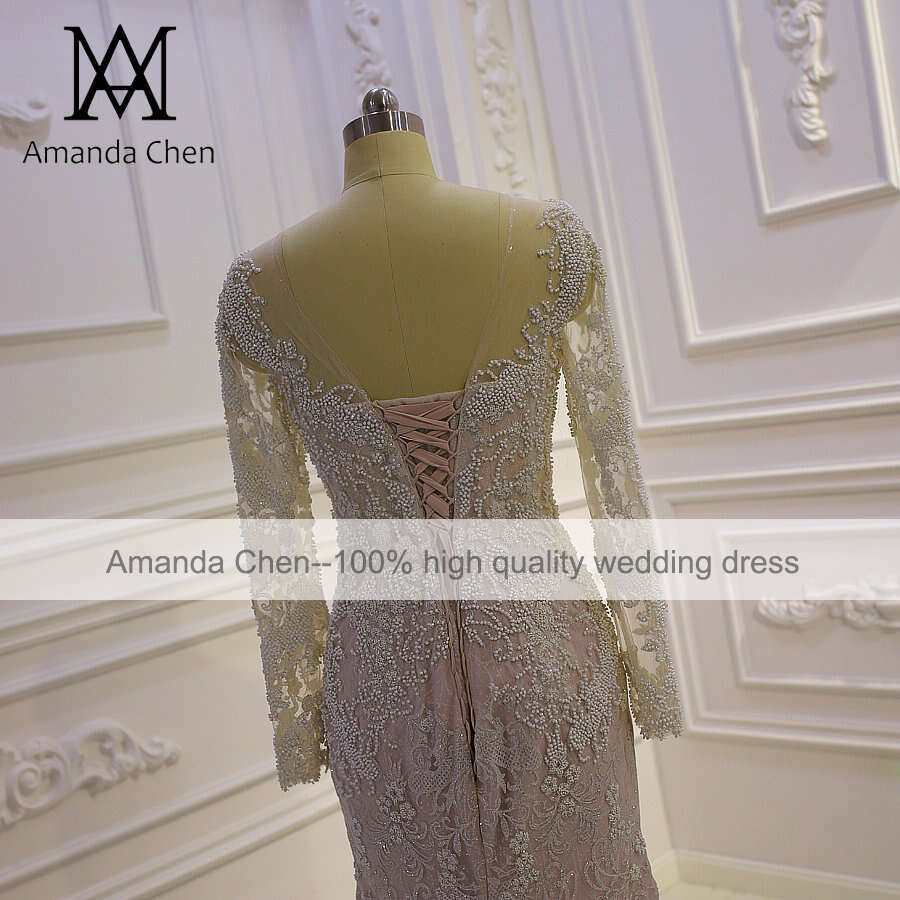 abito da sposa Long Sleeve Lace Applique Beaded Champagne mermaid Wedding Dress