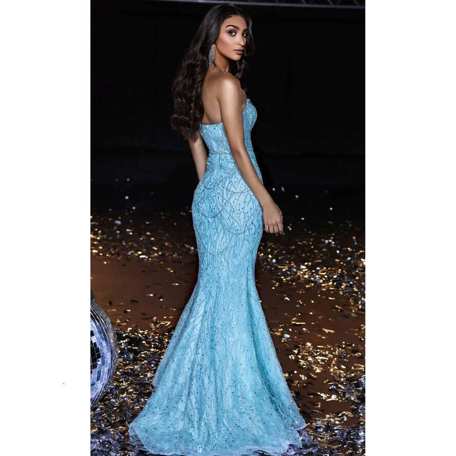 Lake Blue Crystal Mermaid Evening Dresses Strapless Side Split Prom Dress Sequins Beaded Sleeveless Custom Made Illusion Formal Party Gowns 0515