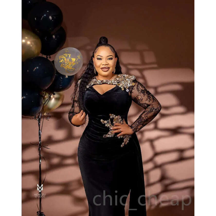 Arabic Sheath Ebi Aso Black Prom Dress Lace Beaded Veet Evening Formal Party Second Reception Birthday Engagement Gowns Dresses Robe De Soiree Es 0914