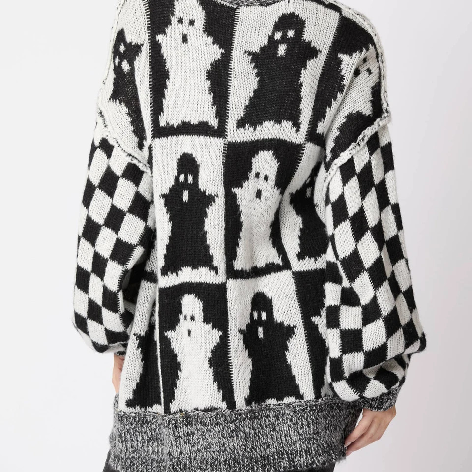 Womens Halloween/Christmas round neck long sleeved sweater with aesthetic gingerbread mens printed knitted loose floral top 241025