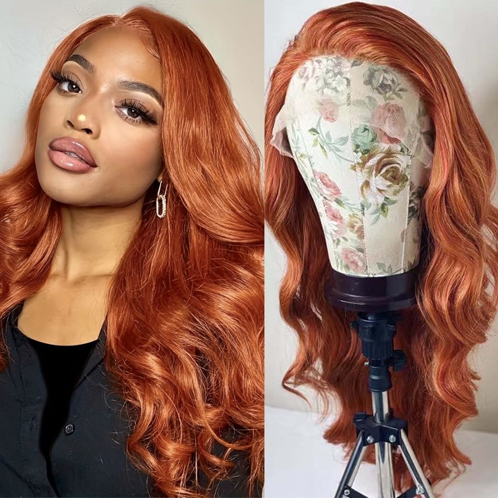 RONGDUOYI 13X4 Lace Front Ginger Orange Wigs for Women Synthetic Frontal Wig Glueless Loose Curly Wavy Hair Daily Party Cosplay