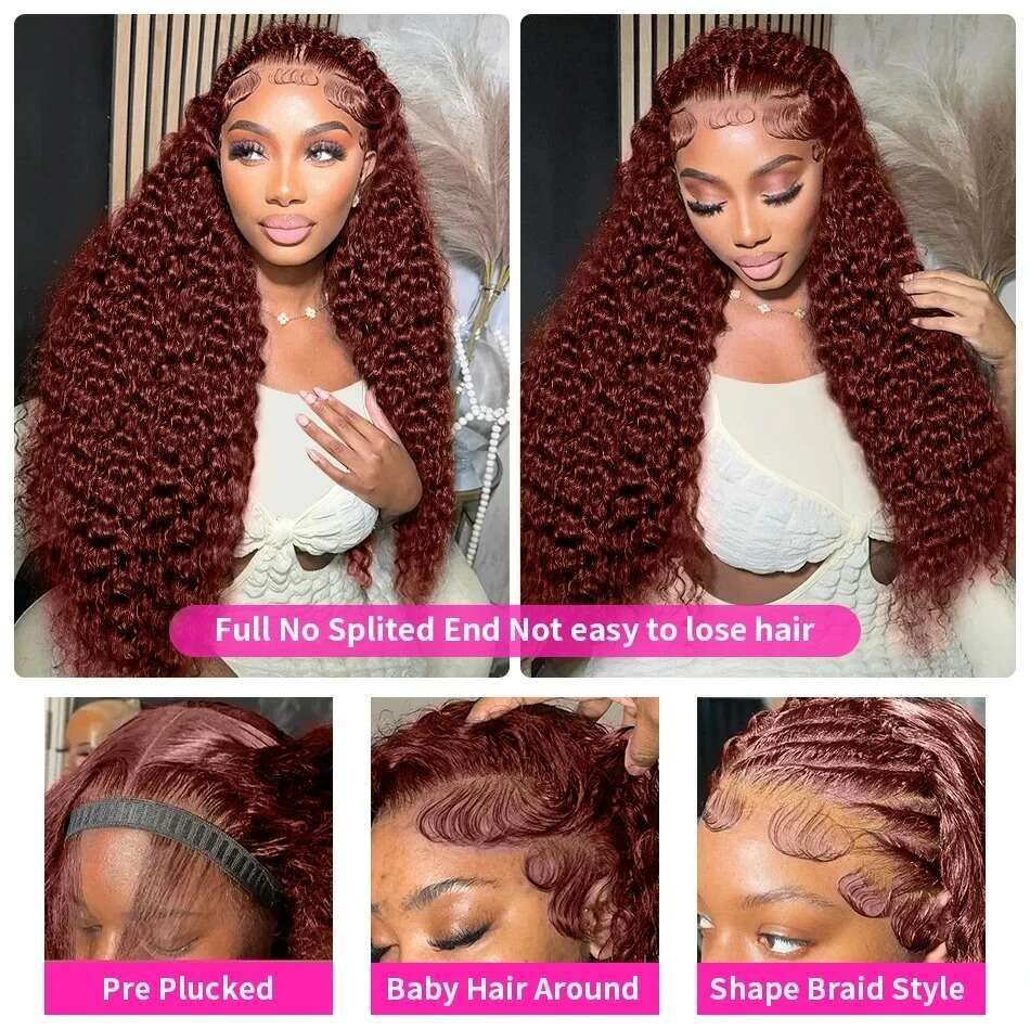 Inch Reddish Brown Deep Wave x Lace Front Human Remy Hair Density Kinky Curly HD Frontal Wig Brazilian