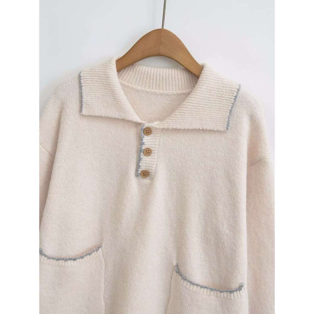 TRAFZA Women Fashion Knitted Lapel Pockets E Decoration New 2024 Spring Fall Simple Casual Sweater