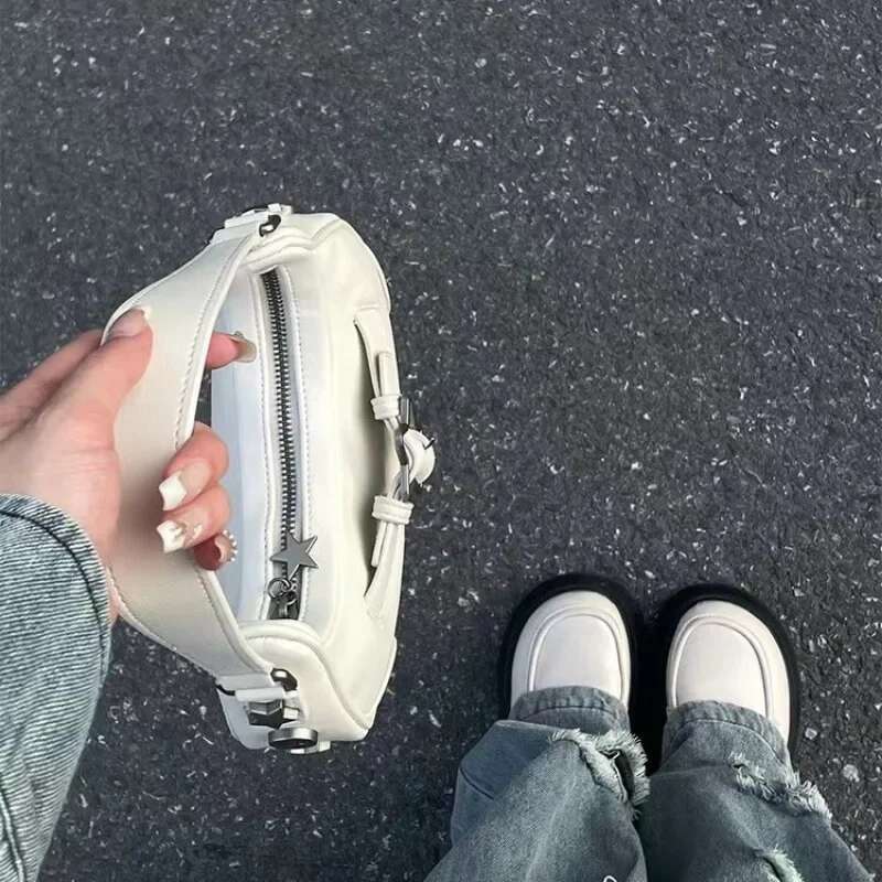 Vintage Korean Casual Cute White Star Shoulder Underarm Tote Bag Ladies Sg Bags Leather Zip Purses Handbags Women