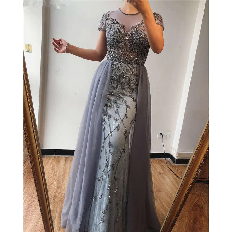 Sier Beaded Mermaid Prom Dresses With Detachable Train Vintage Short Sleeves Sheath Formal Evening Gown Long Pageant Wear