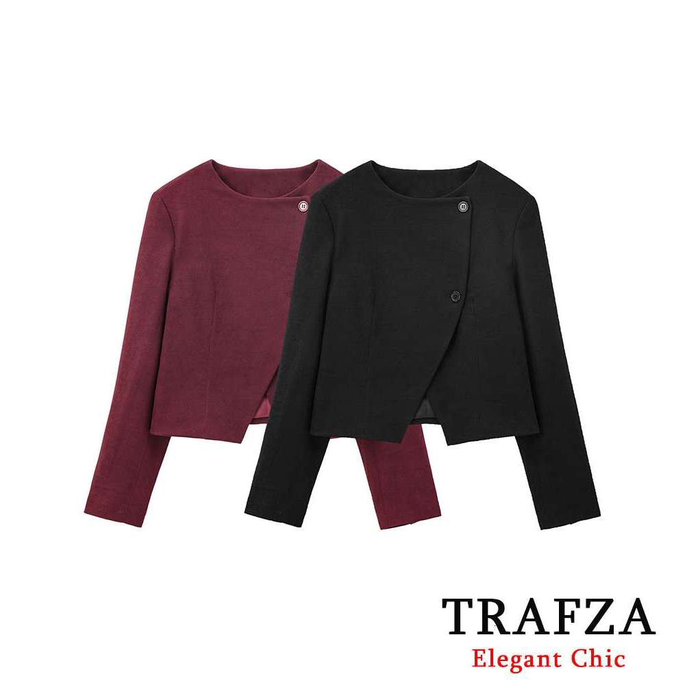 TRAFZA Women's Solid Short Vintage Buttons O-Neck New 2024 Fall Winter High Street Jacket