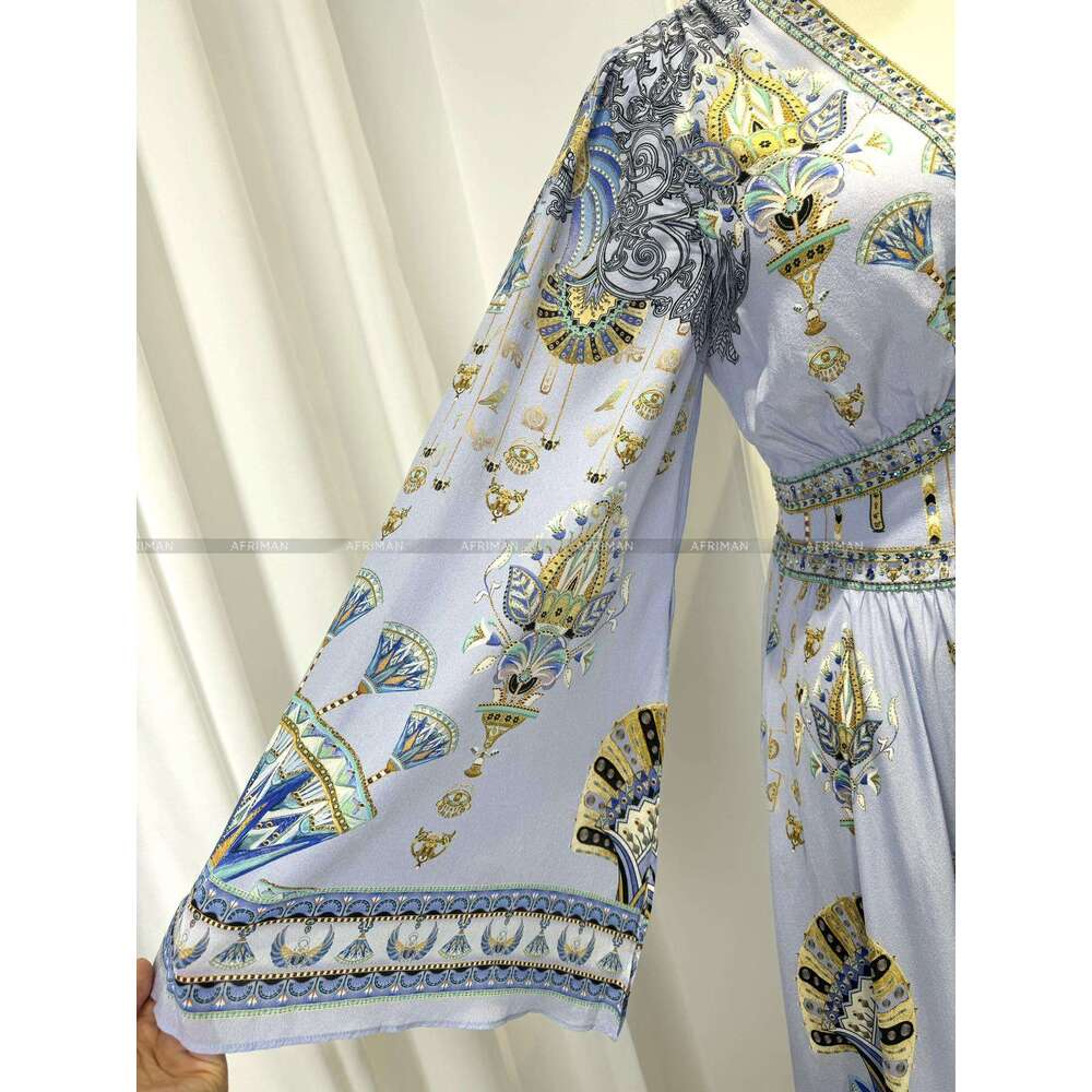 Women V Neck Crystal Beaded Flare Sleeve Elastic Waist Retro Blue Print 100% Silk Long Dress