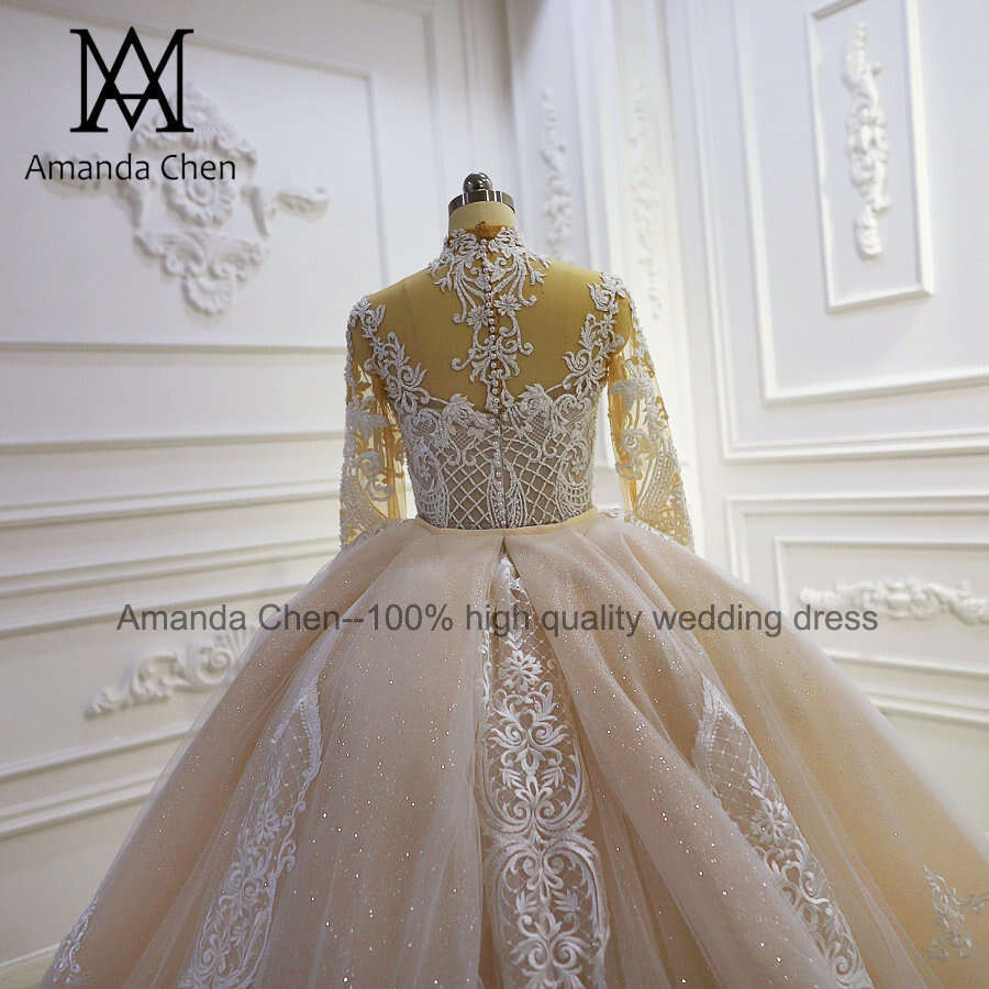 robe de mariee 2024 Long Sleeve Lace Appliqued Champagne Detachable Skirt Wedding Dress