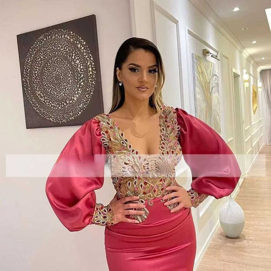 2022 Hot Pink Prom Mermaid V Neck Beads Long Sleeves Evening Dresses For Women Reception Wear Robe De