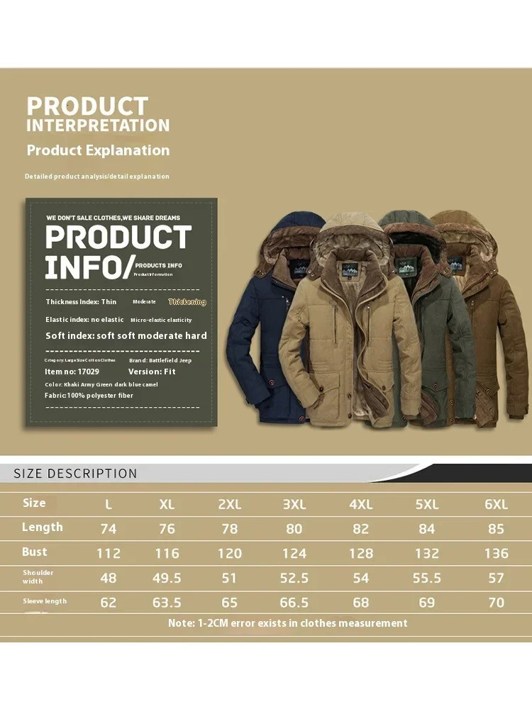 Mens Cotton Jacket Parkas with Winter Mid To Long Length and Thick Velvet Middleaged Young Casual Warm 241024