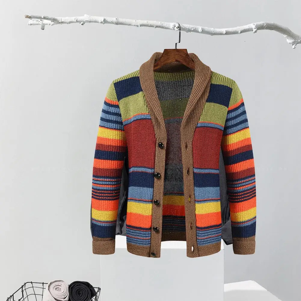 Men Outerwear Sweater Stylish Mens Knitted Color Matching Striped Cardigan Fall Winter Coat with Casual Buttons 241024