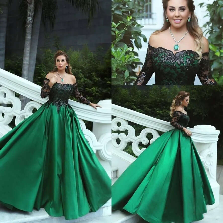 Vintage Emerald Green Black Lace Long Sleeves Prom Party Dresses Off The Shoulder A E Middle East Elegant Evening Gowns