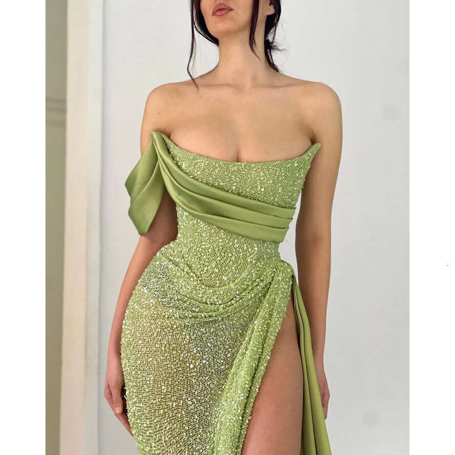 Fashion Green Sequins Prom Dresses Strapless Evening Gowns Pleats Slit Formal Red Carpet Long Special Ocn Party Dress 0515