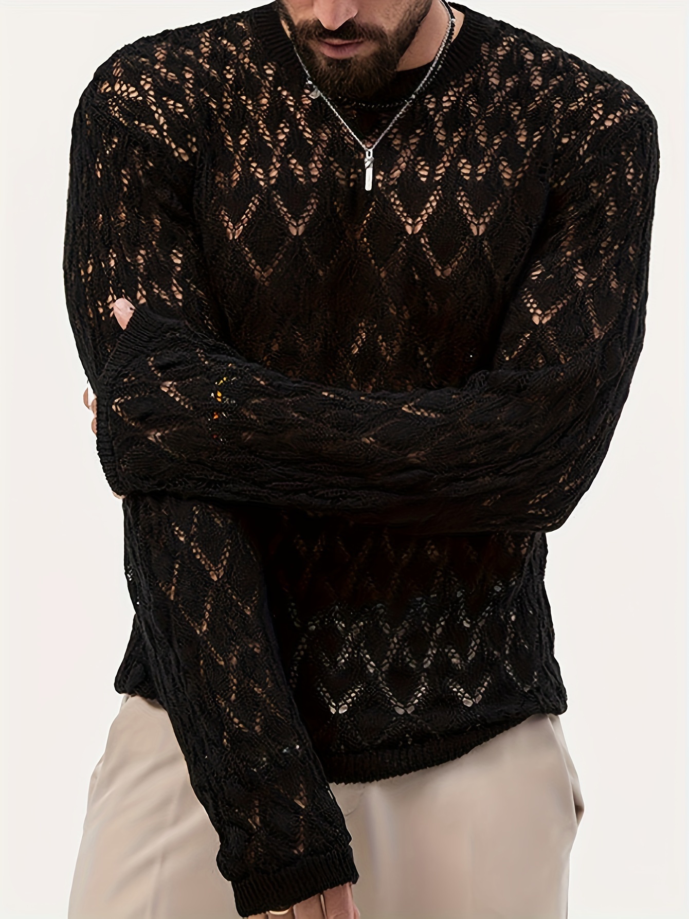 Fashionable knitted sweater with transparent mesh hollow design, casual round neck pullover sweater, sexy nightclub clothing for men