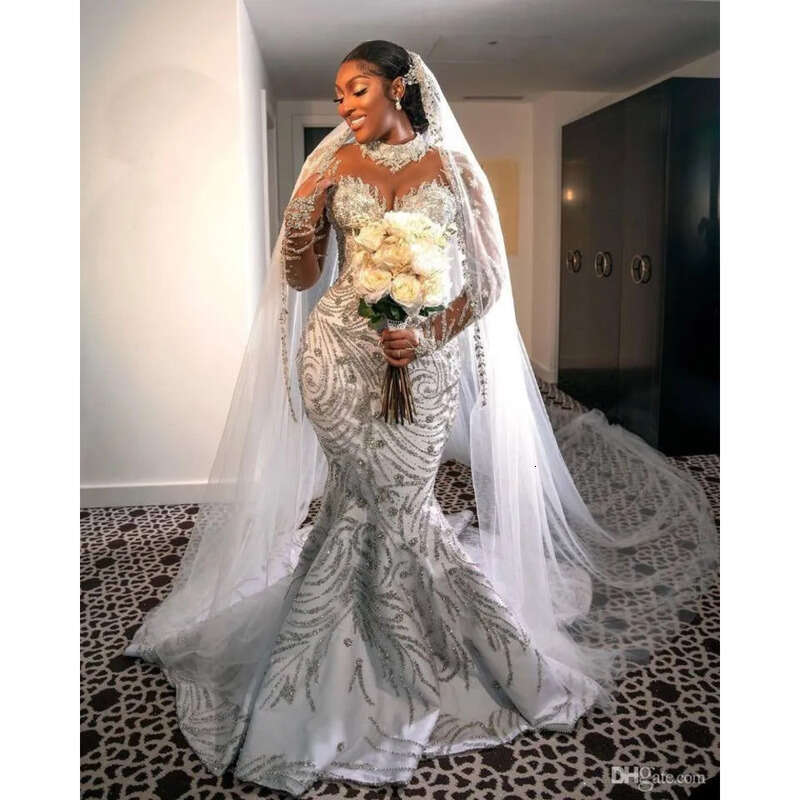 Crystal Mermaid Wedding Dress Illusion High Neck Long Sleeve Plus Size Bridal Gowns Beads Bride Dresses Robes De Mariee