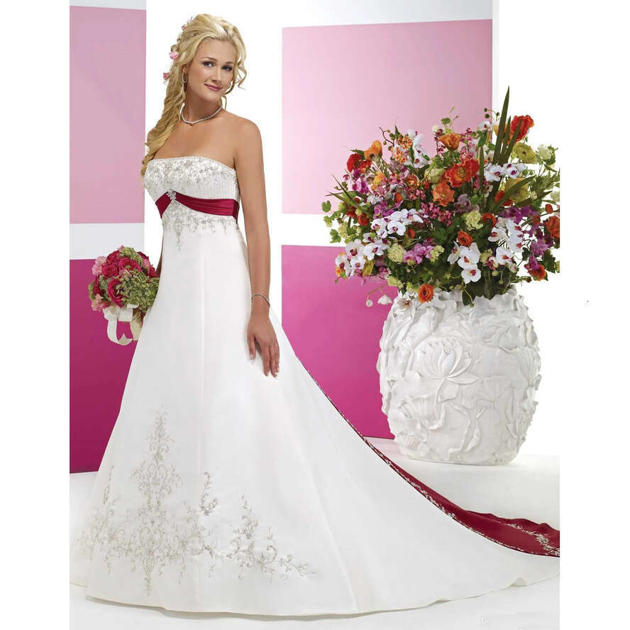 White And Red Bridal Gowns With Beaded Embroidery Empire Strapless Cathedral A E Wedding Dresses 0521