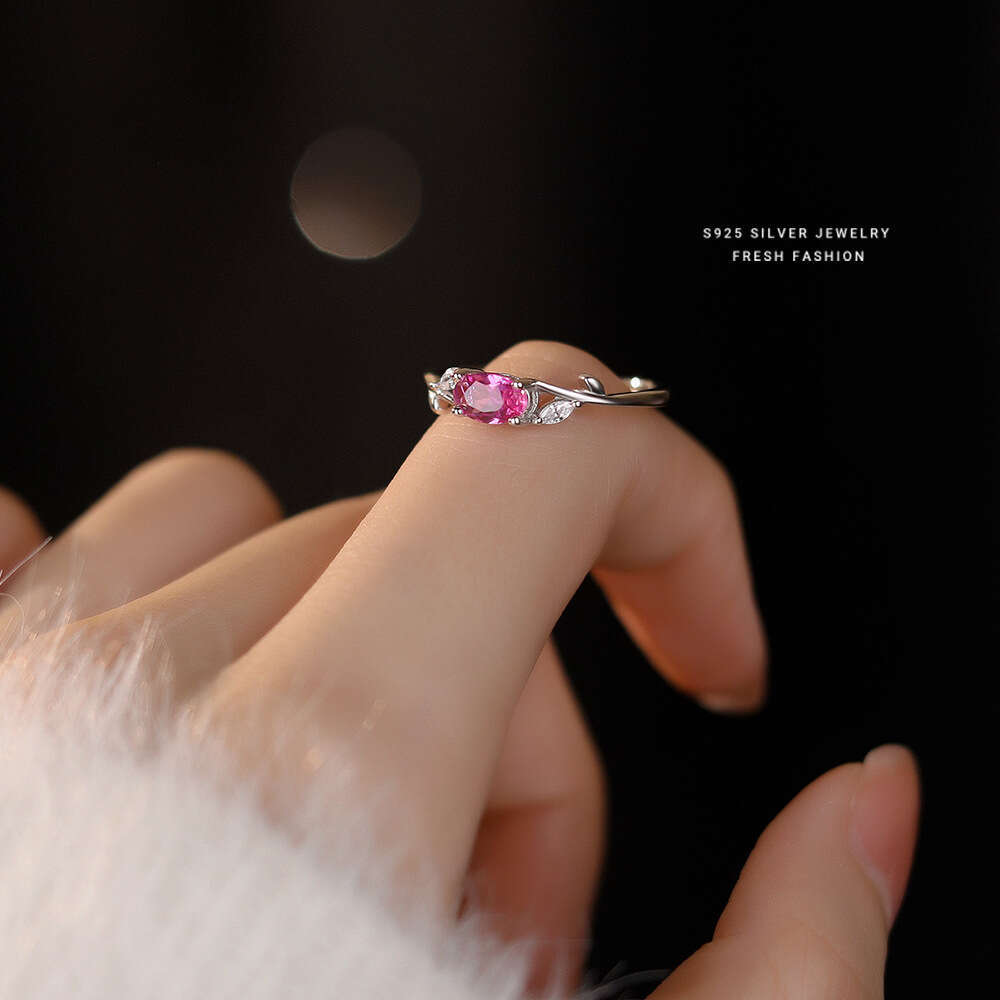Real Sterg Sier French Light Rose Zircon Branches Leaves Ring Gift for Lady Mom Daughter Birthday Jewelry