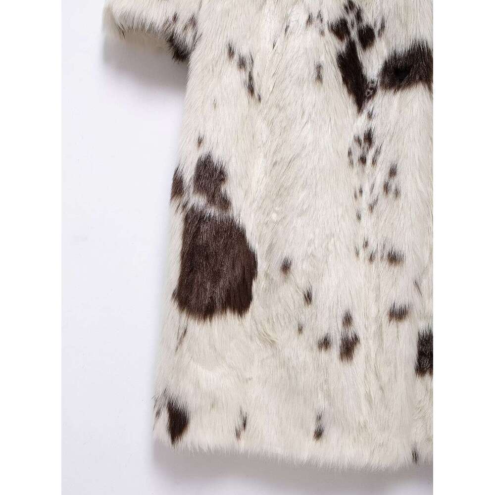 TRAFZA Vintage Fall Winter Faux Fur Women's Animal Pattern Lapel Long New 2024 Fashion High Street Y2k Coat