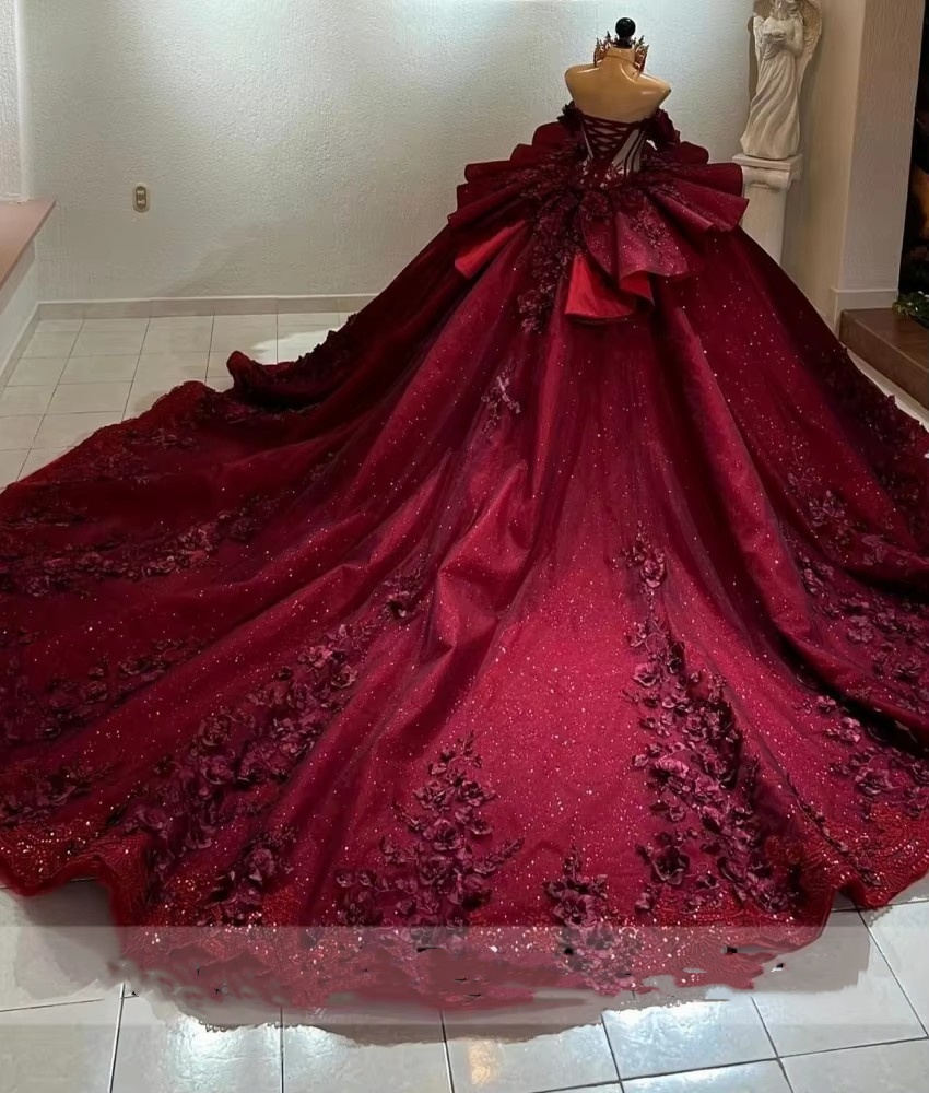 2025 Bury Lace Ball Gown Quinceanera Sparkly 3D ral Appliques Cut-out Sweet 16 Dress Vestido De 15 Anos