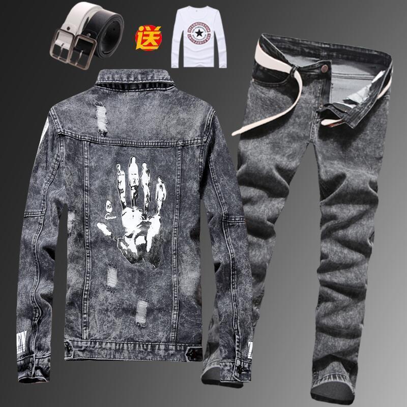 Mens Slim Fit Denim Jacket Pants 2pcs Set Long Sleeve Coats Letters Printed Casual Large Size Black White Red Boys Trousers 240624