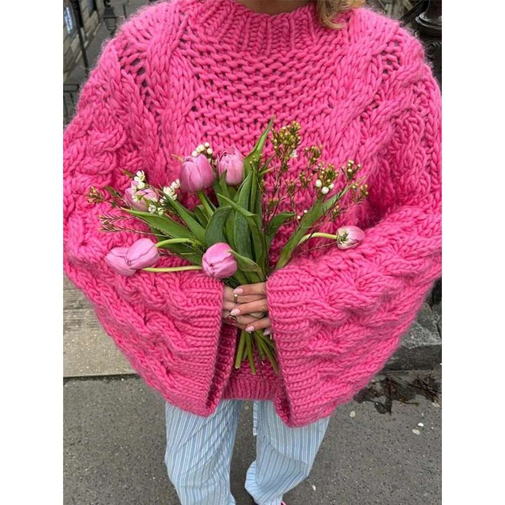 Elegant Solid Knitted Sweaters For Women Casual Oversize Long Lantern Sleeve Pullovers 2024 Autumn New O Neck Lady Jumper Tops