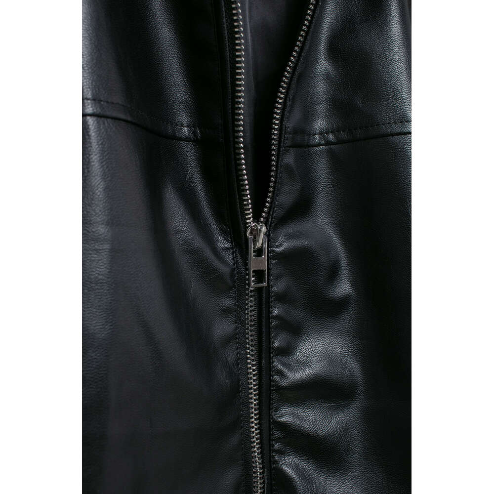 TRAFZA Women Fashion Vintage PU Leather Zipper Pockets Ed Jacket New 2024 Autumn Winter Pilot Commuter Loose Coat