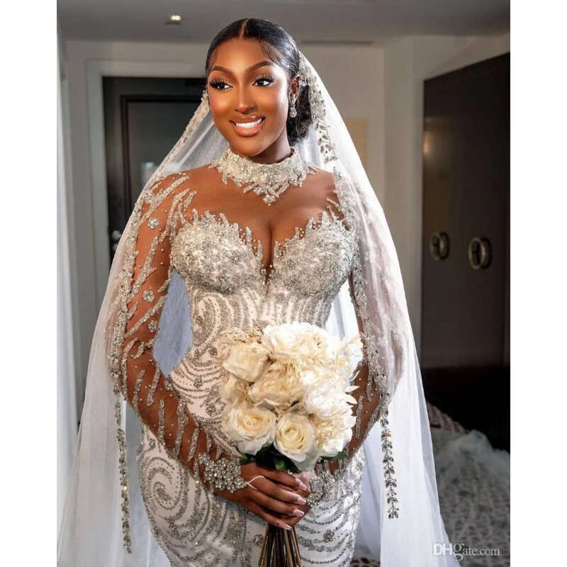 Crystal Mermaid Wedding Dress Illusion High Neck Long Sleeve Plus Size Bridal Gowns Beads Bride Dresses Robes De Mariee