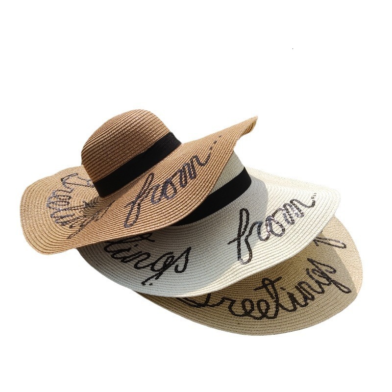 Hot selg elegant temperament letter printing beach sun shading women's large brimmed straw hat