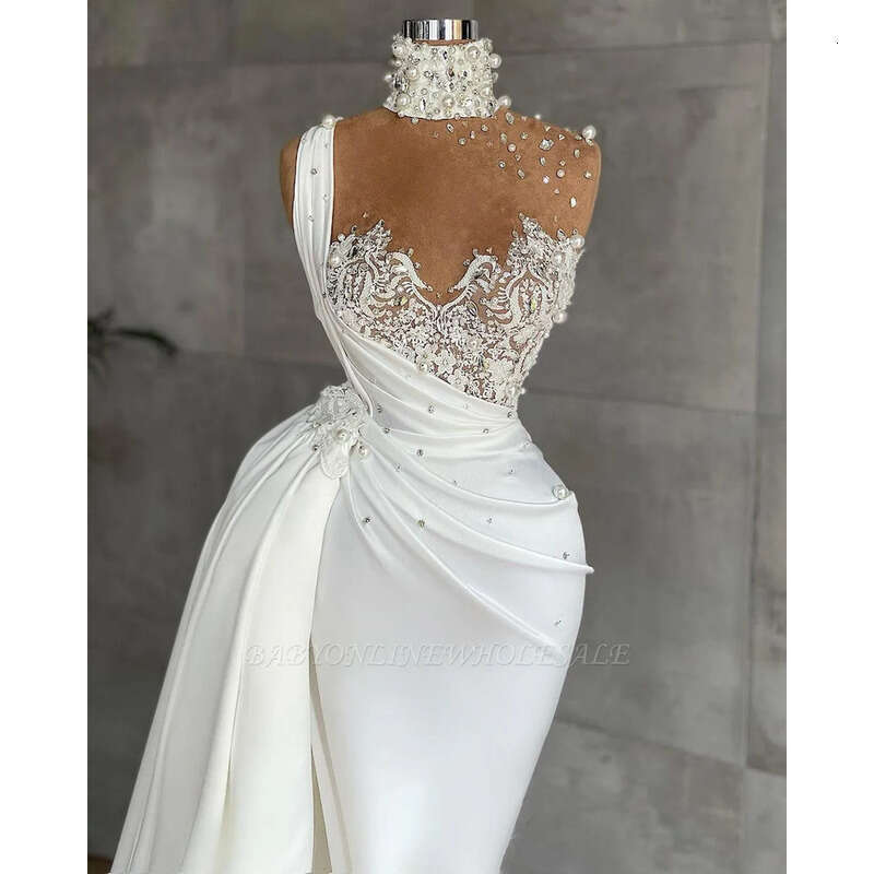Mesh Sheer Top Satin Mermaid Long Prom Dresses New High Neck Beaded Pearls Lace Ruched Formal Sweep Train Party Evening Gowns Bc
