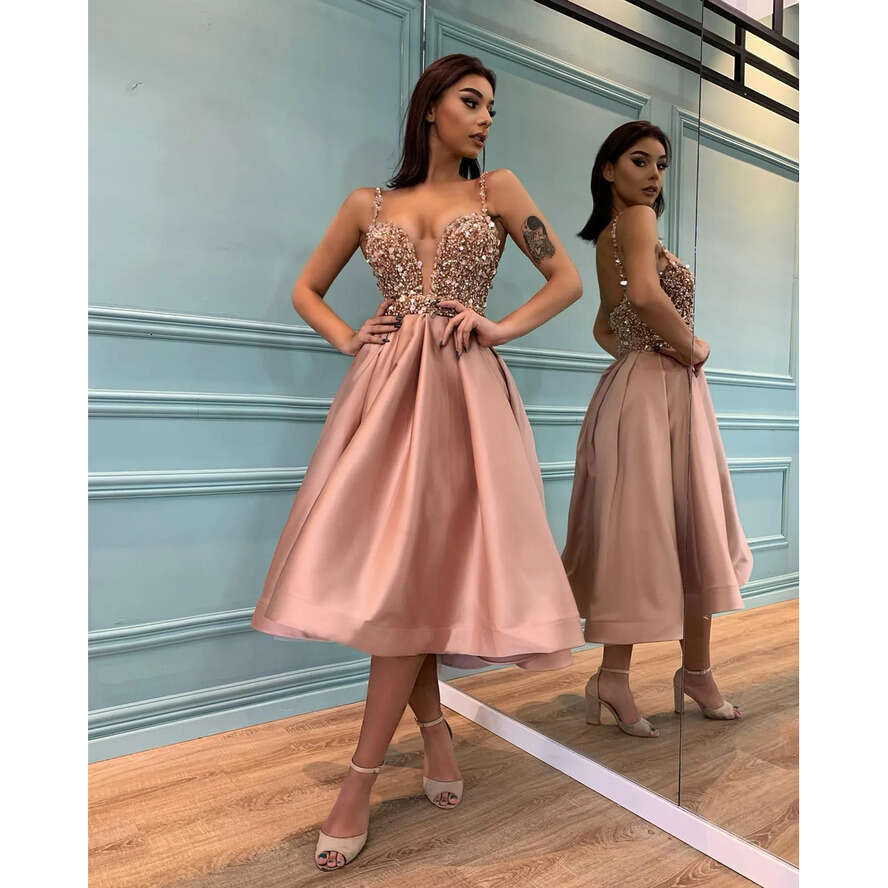 Fashion Designer Pink Prom Dresses Straps V Neck Sequins Tail Pleats Tea Length Formal Red Carpet Special Ocn Short Party Dress 0515