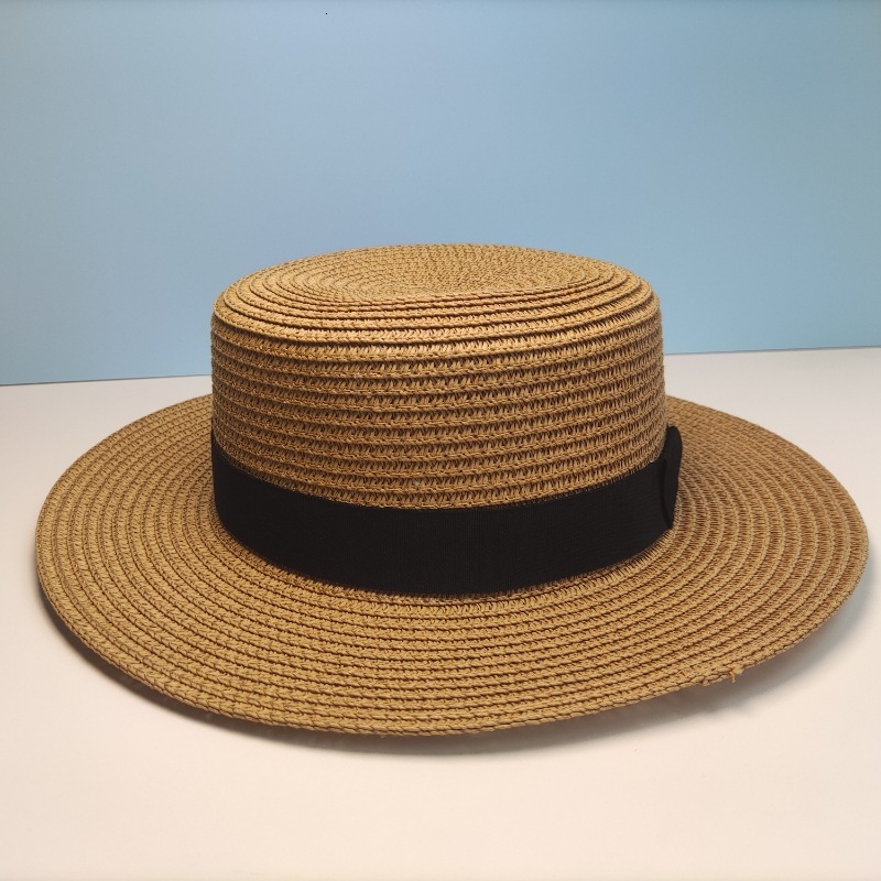 Flat top with decorative straw hat senior sense flat eaves shade holiday straw hat for women
