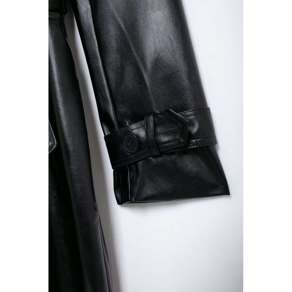 TRAFZA Women Fashion PU Trench Lapel Classic Solid Long With Belt New 2024 Fall High Street Leather Coat