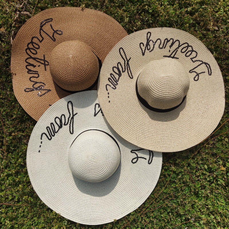 Hot selg elegant temperament letter printing beach sun shading women's large brimmed straw hat