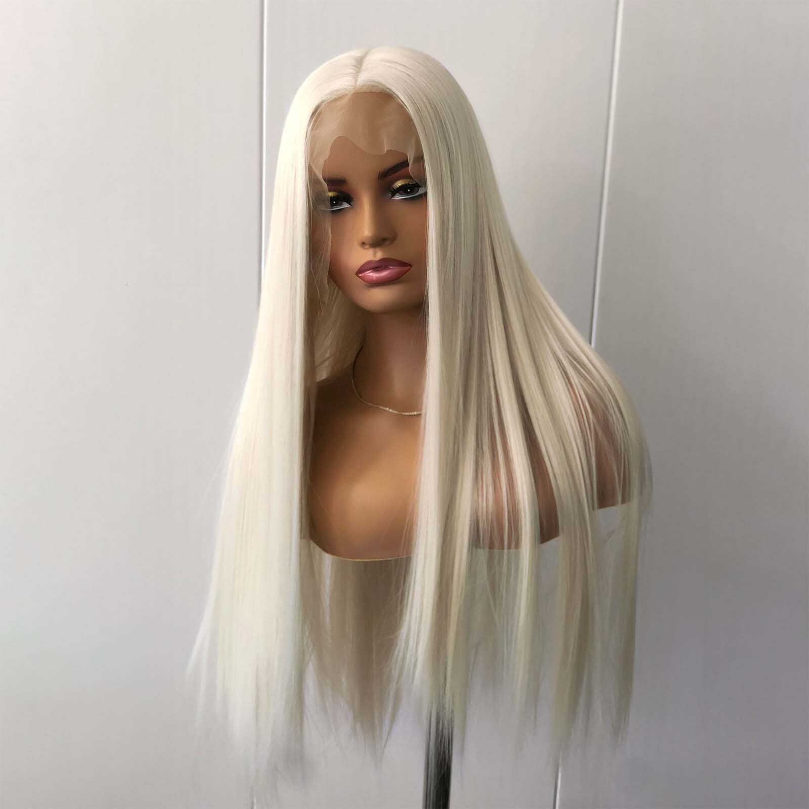 Platinum Blonde Long Straight Synthetic Front Wig Light White Blond Colored Hair 13X4 Lace Frontal Wigs for Women Party
