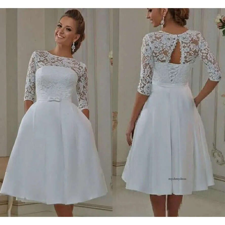 A E Knee Length Short Wedding Dresses With Half Sleeves Lace Up Back Bow Formal Gowns For Bride 2022 0431