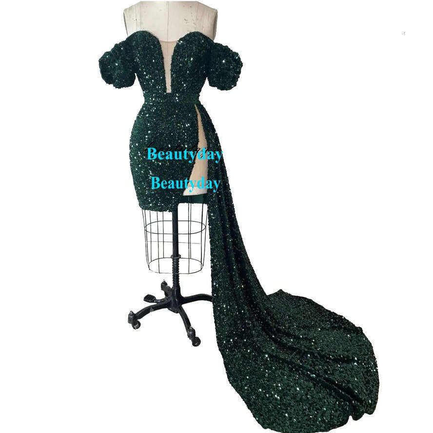 2022 New Year Sparkg Black Prom Dresses Backless Evening Gown Pageant Women Sexy Short Party Wear Long Trail High Split Abiye Dubai Gowns With Bury Se