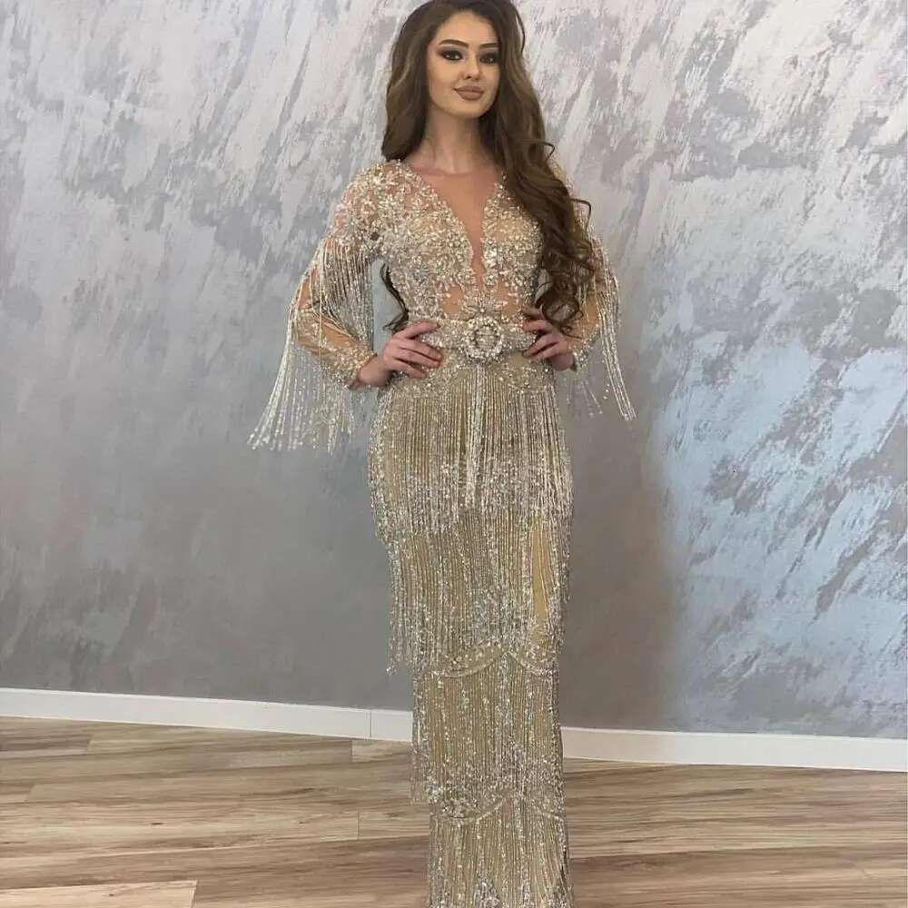 Vestidos Fiesta De Noche 2024 Sparkly Arabic Mermaid Prom Dresses Long Sleeves Shiny Tassels Beaded Chic Evening Gowns Women