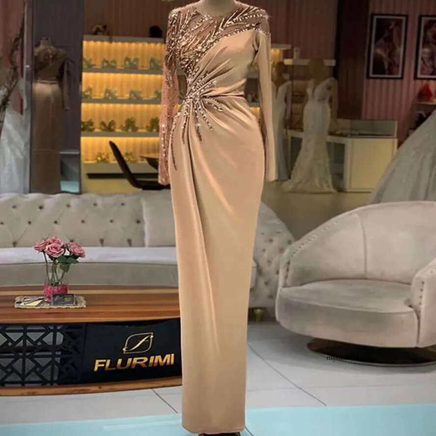 Prom Satin Princess Long Sleeves High Neck Lace Appliques Sequins Beaded Evening Dresses Fashion Or Length Party Gowns Plus Size Custom Made