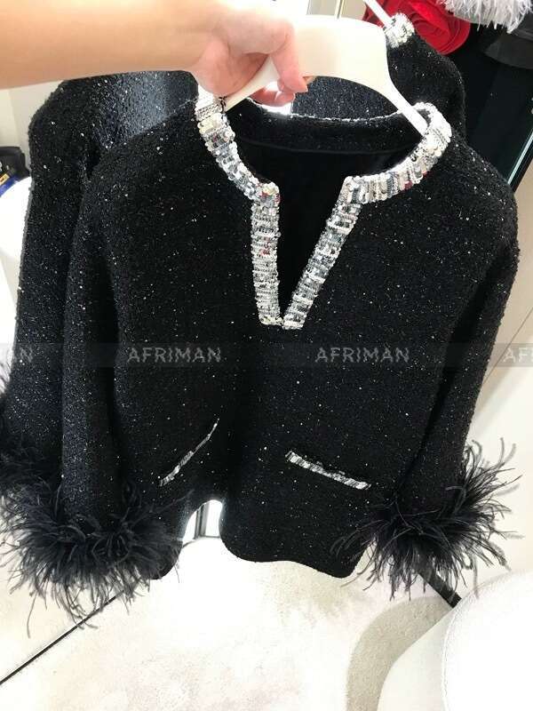 New Dia Beaded V Neck Ostrich Feather Decoration Long Sleeve Women Loose Woolen Dress