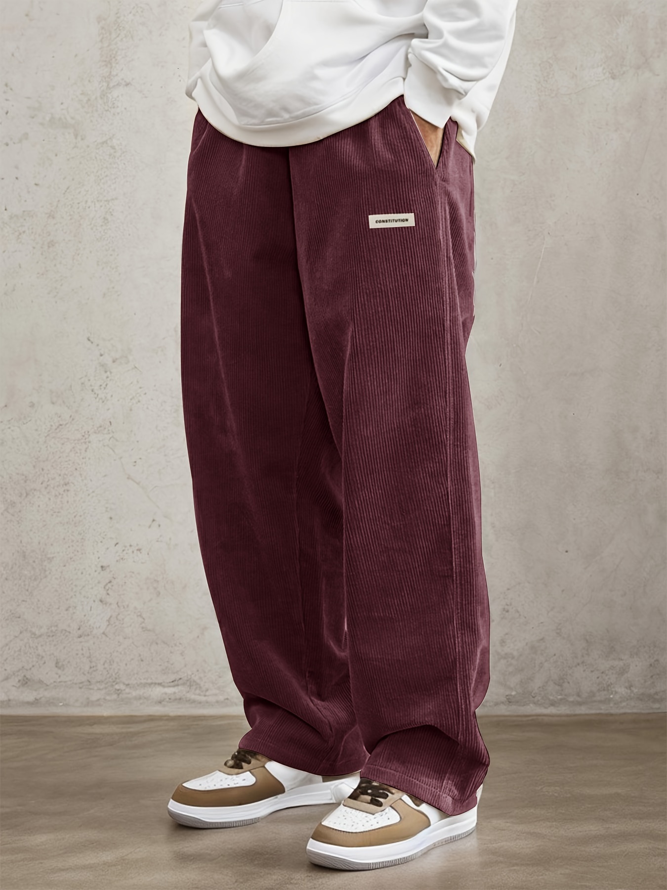Men's retro style loose corduroy casual pants with slanted pockets - breathable straight waist sports pants, suitable for city walks and outdoor 