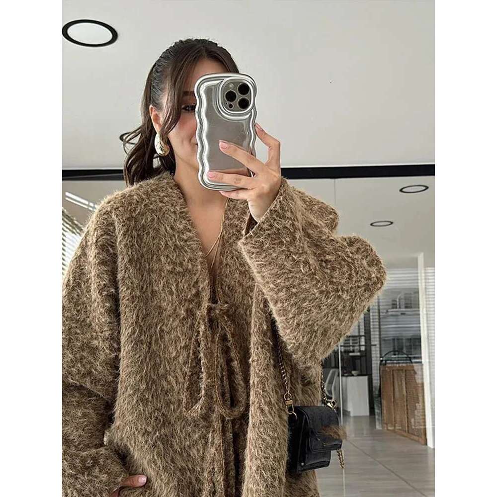 Elegant Solid Mohair Lace Up Women Knitted Cardigan Chic V Neck Long Sleeve Short Sweater Autumn Lady Commute Street Outerwear