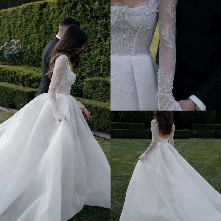 Boho A E Dress For Bride Lace Long Sleeves Pearls Wedding Dresses Bridal Gowns Vestidos Novia Backless Country Robe De Mariage 0515