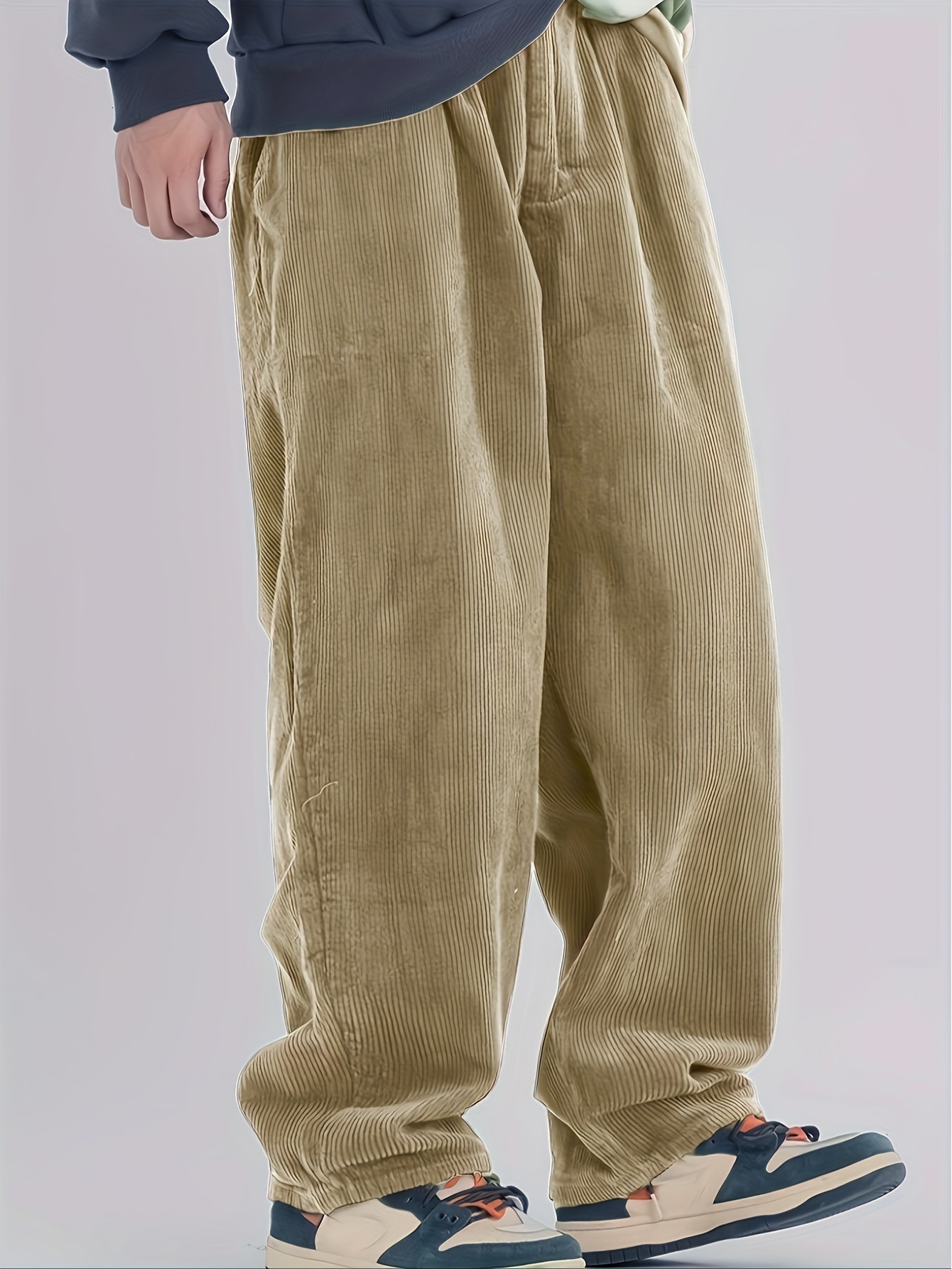 Men's basic corduroy straight leg pants, solid color pants with pockets, suitable for casual daily wear