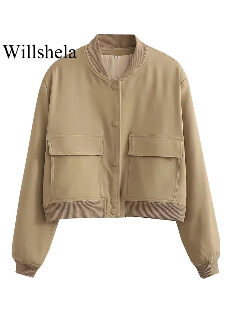 Willshela Women Fashion Solid Bomber Jackets Coat With Pockets VNeck Single Breasted Long Sleeves Female Chic Lady Outfits 241024