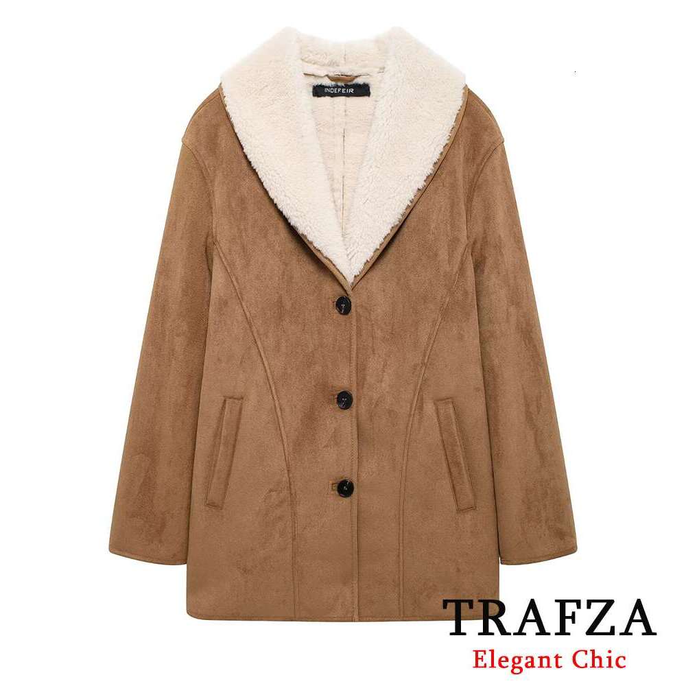 TRAFZA Women Fall Winter Suede Exterior Lapel Buttons Vintage Fleece Ed New 2024 Fashion Casual Warm Coat