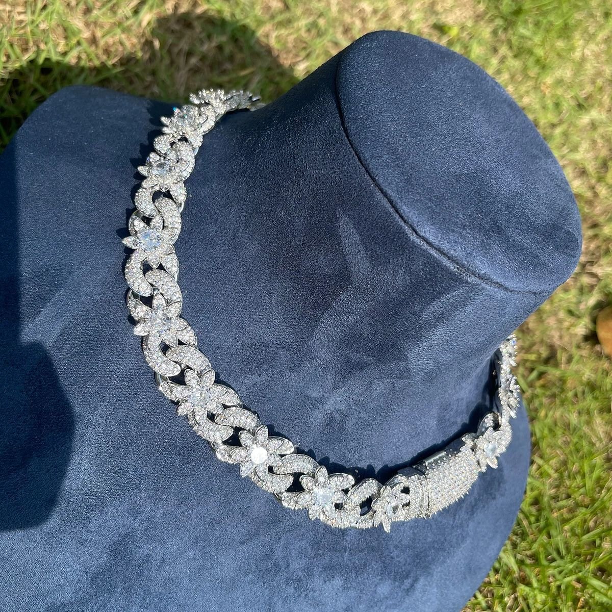 Lotus Flower Cuban Chain Necklace 5A Zircon 18K Gold Plated Women Men Jewelry