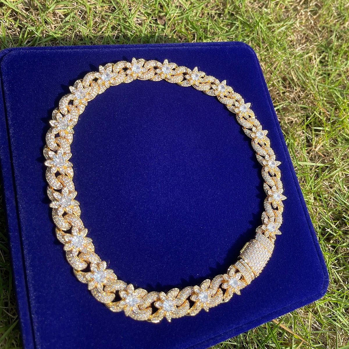 Lotus Flower Cuban Chain Necklace 5A Zircon 18K Gold Plated Women Men Jewelry