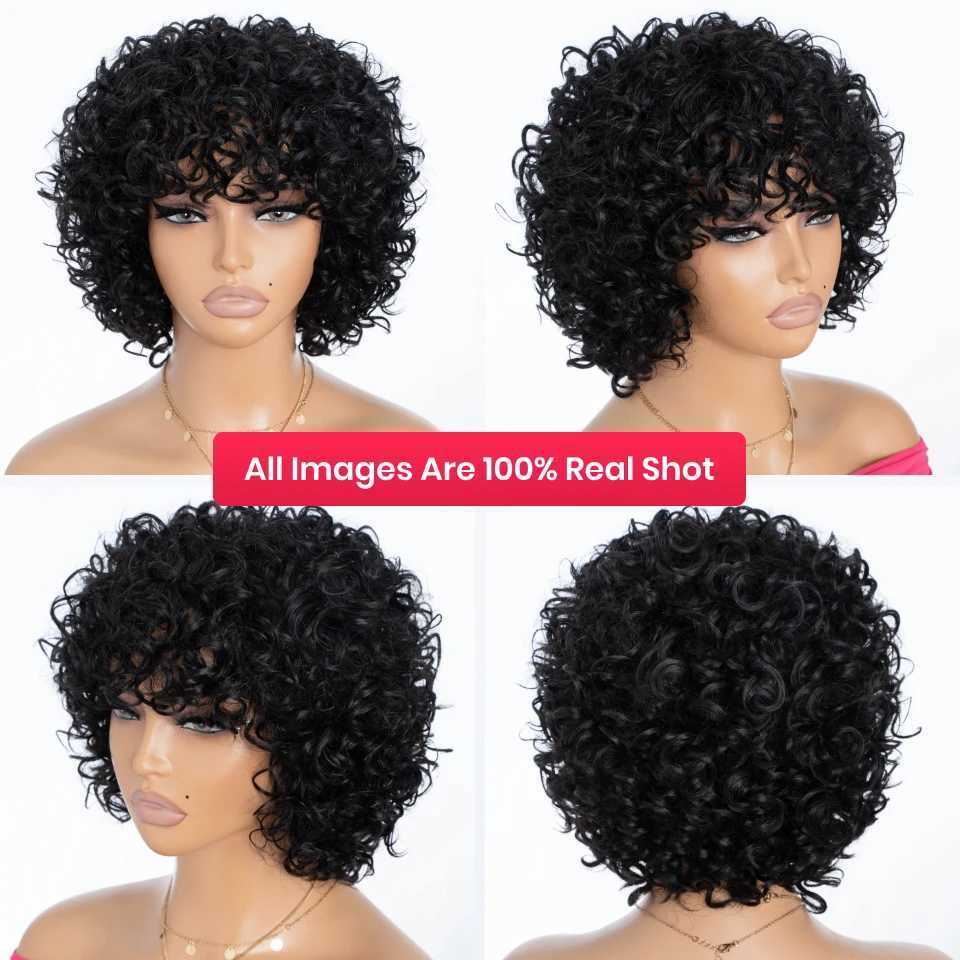 Short Curly Bob Wig Full Person Wig Natural Black Glueless Wig 10 inches E-Cut Short Bob Wig M241028